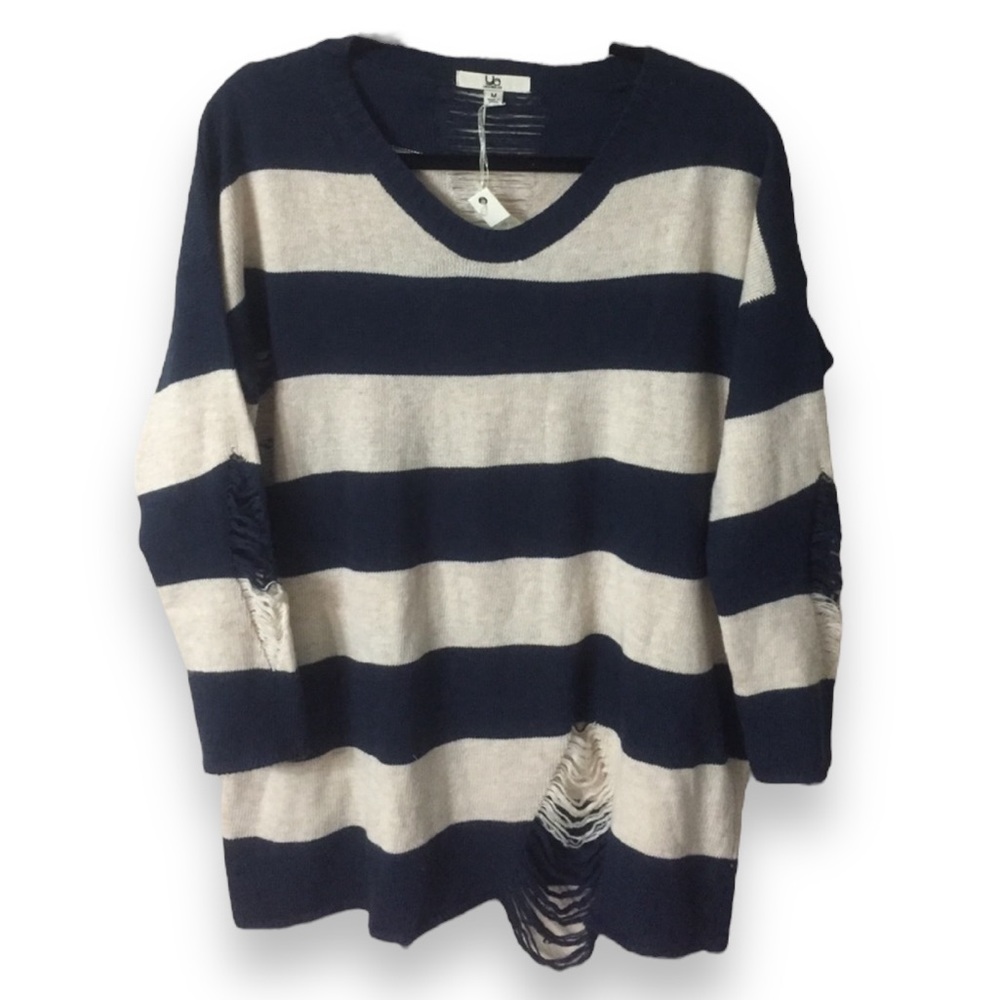 YA LOS ANGELES Navy & Tan Striped Frayed Low Crew Neck Sweater